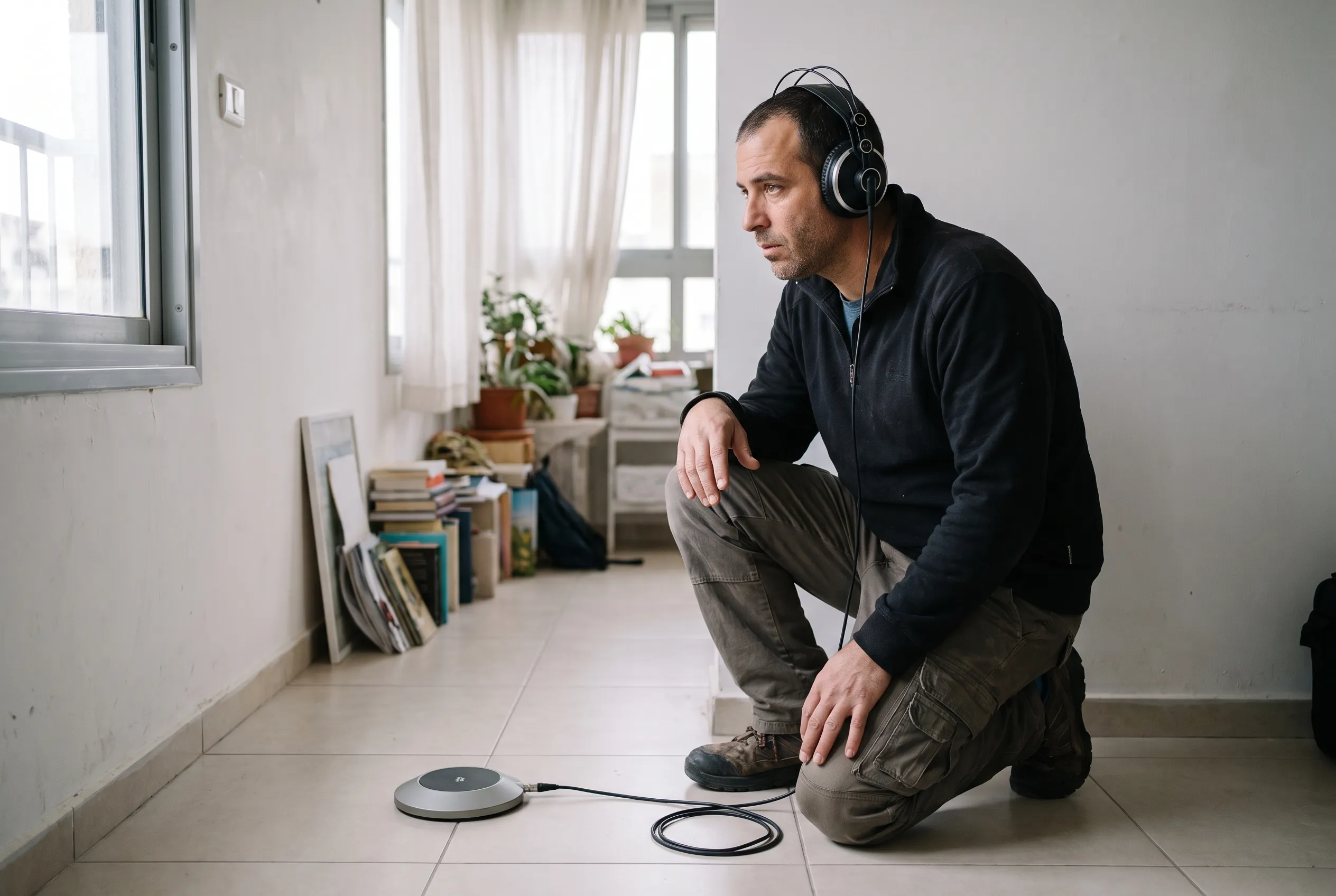 טכנאי עם אוזניות ומכשיר אקוסטי על ריצוף